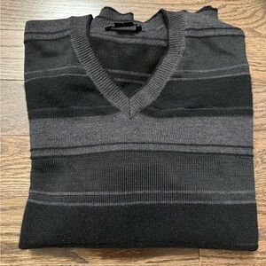Theory Men's Black/Charcoal Striped V-neck Sweater, Size L